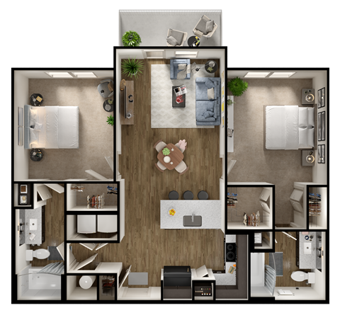 Floor plan for 2 beds, 2 baths, 1051 sqft